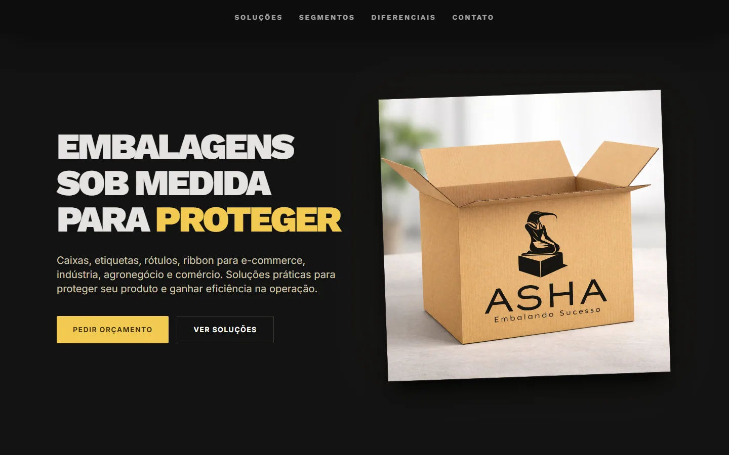 Homepage of the Asha Commercial Catalog, showing custom packaging products